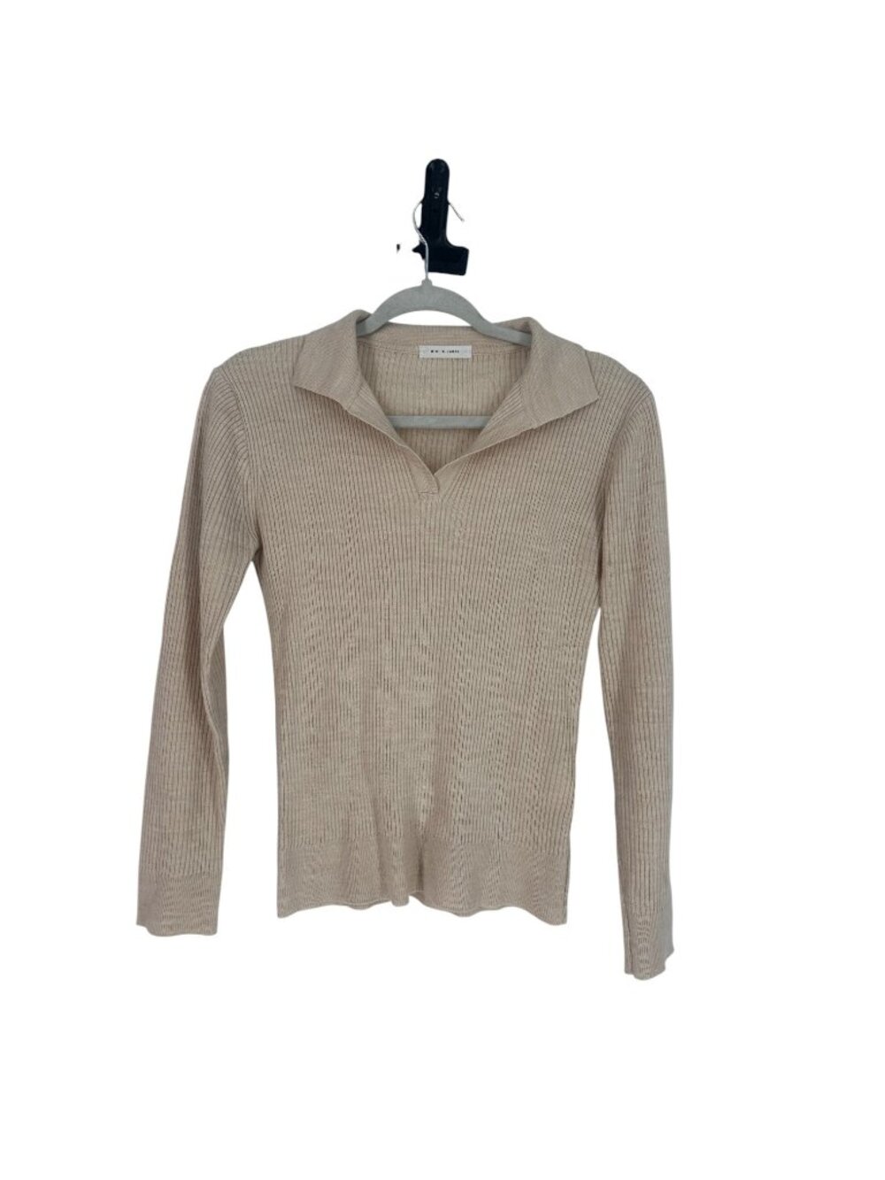 Polo Sweater Small Beige Oatmeal Split Ribbed Knit Top Johnny Collar Minimalist